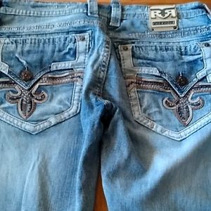 Men's Rock Revival Jeans, Blue with Brown and Blue Stitching, Size 38